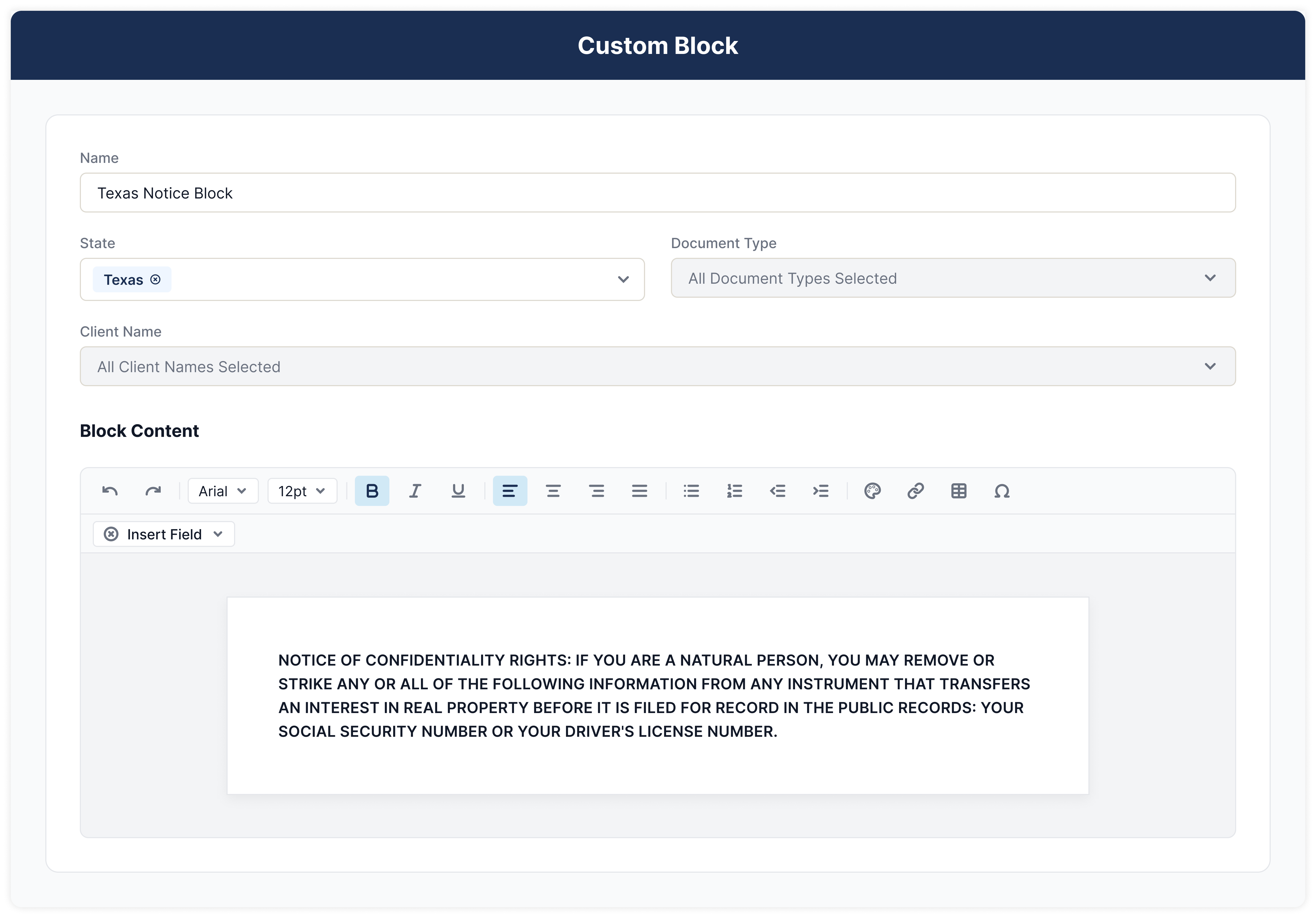 Customizable intake forms preview