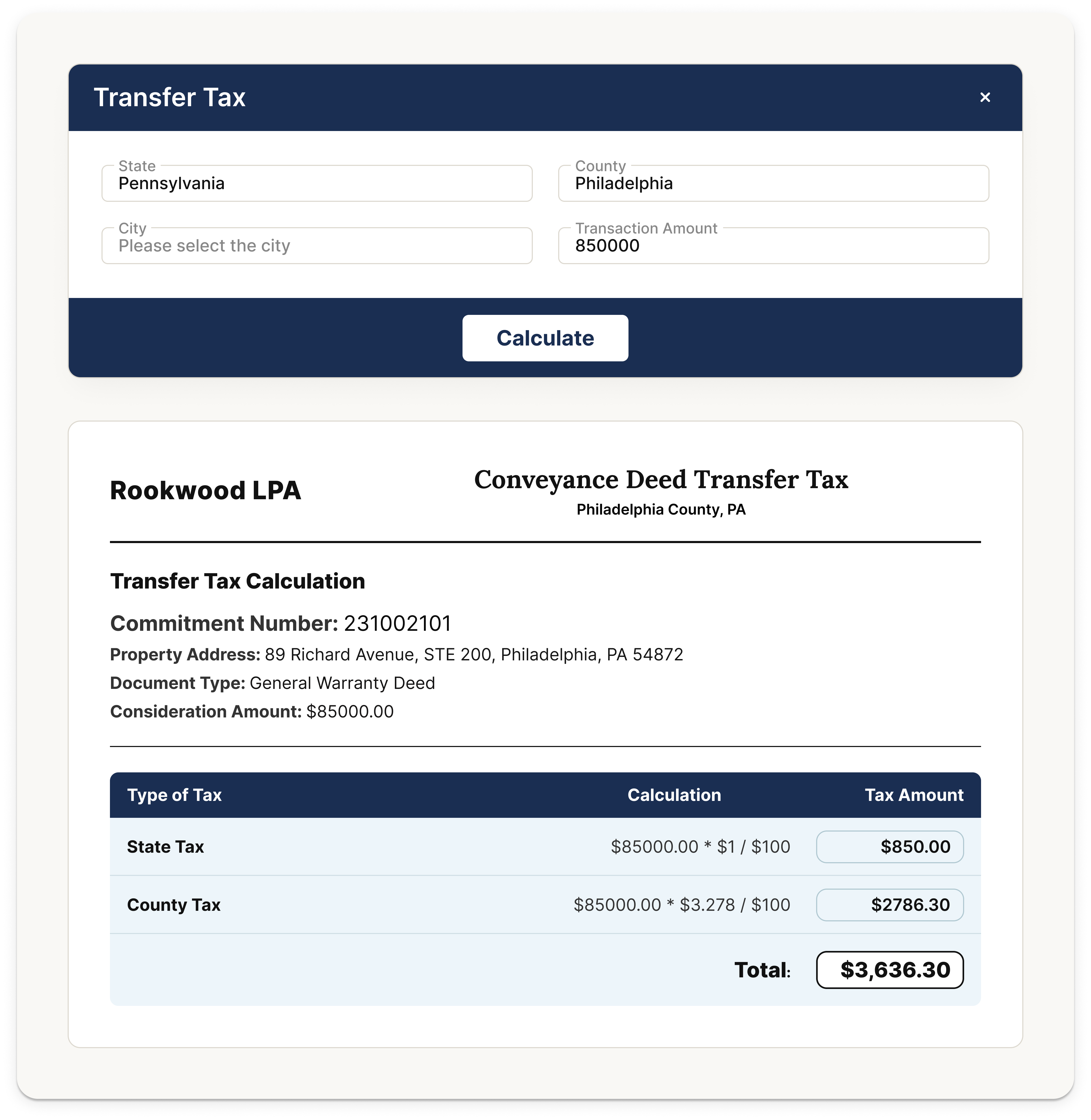 Transfer tax calculation for real estate transactions