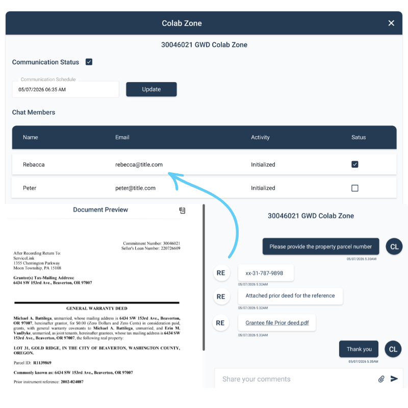 Production workspace interface showing deed preview, supporting documents section, and collaboration comments for real estate transaction management